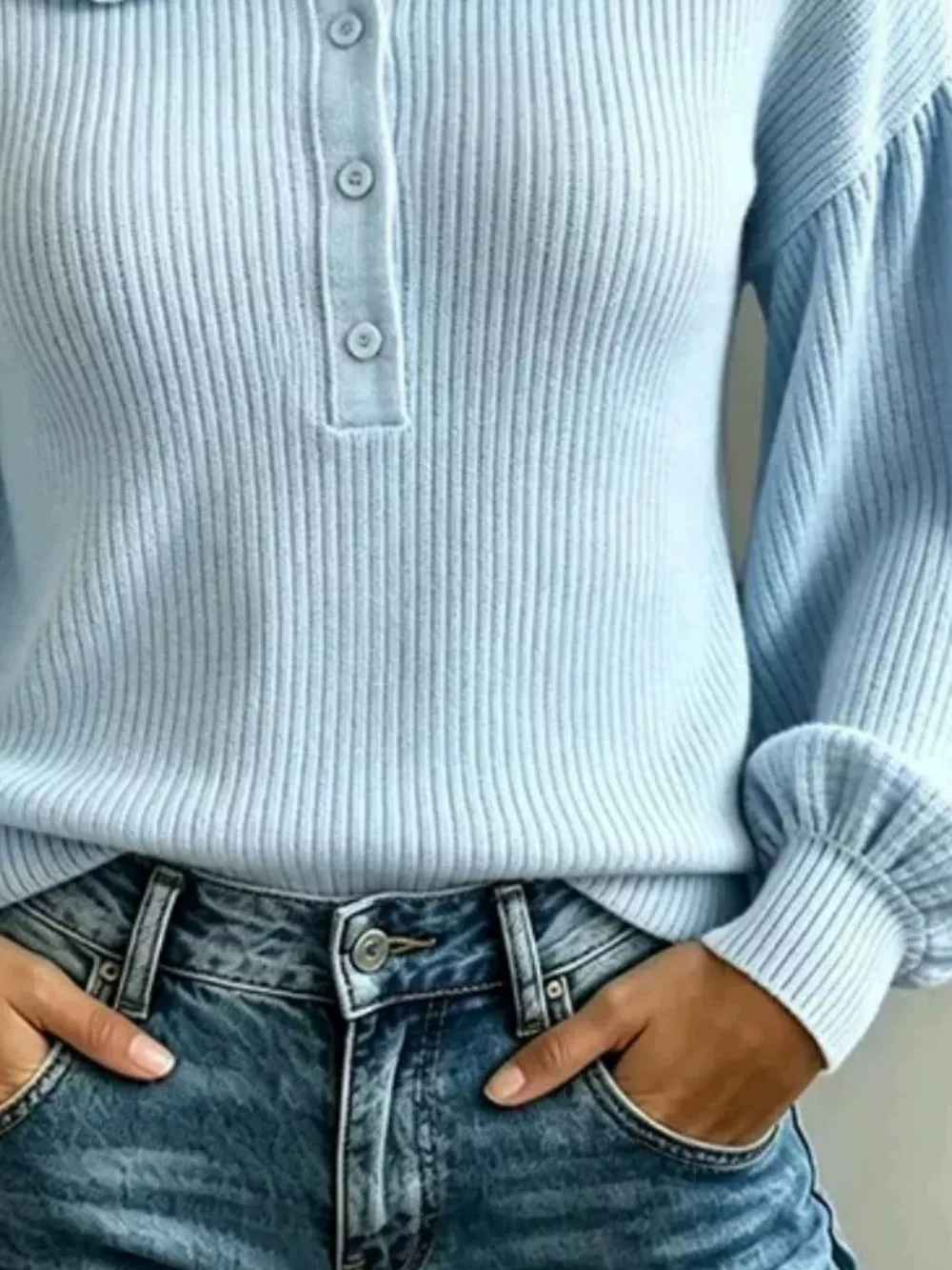 Full Size Ruffle Collar Button Detail Sweater Plus Size, image 4
