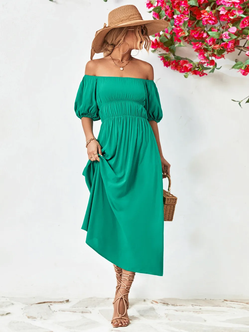 Off-Shoulder Puff Sleeve Smocked Maxi Dress, image 13