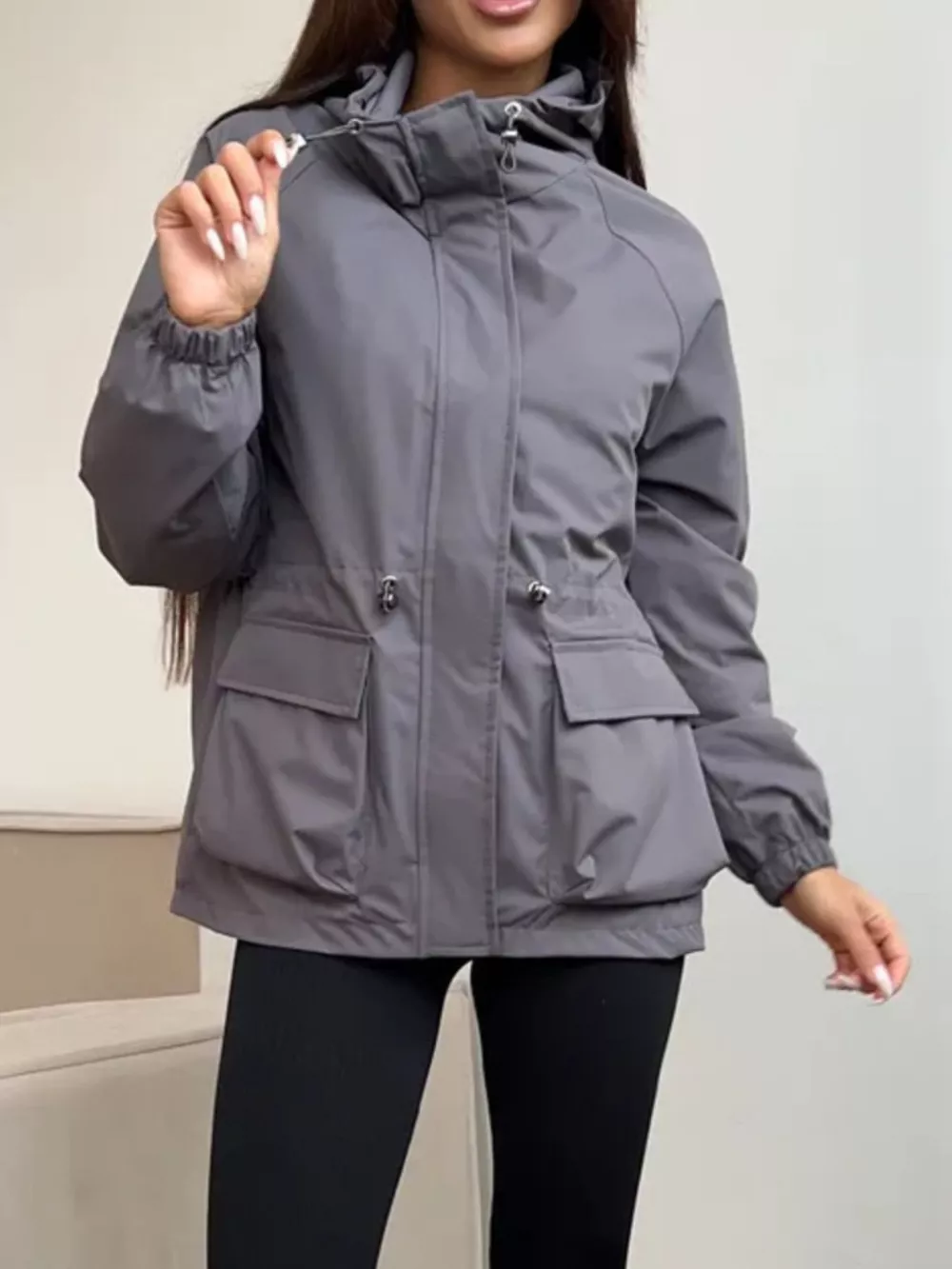 Drawstring Waist Hooded Windbreaker Outerwear, image 7