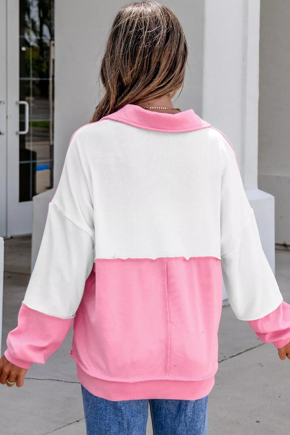 Color Block Ricrac Trim Patchwork Collar V Neck Long Sleeve Top, image 3