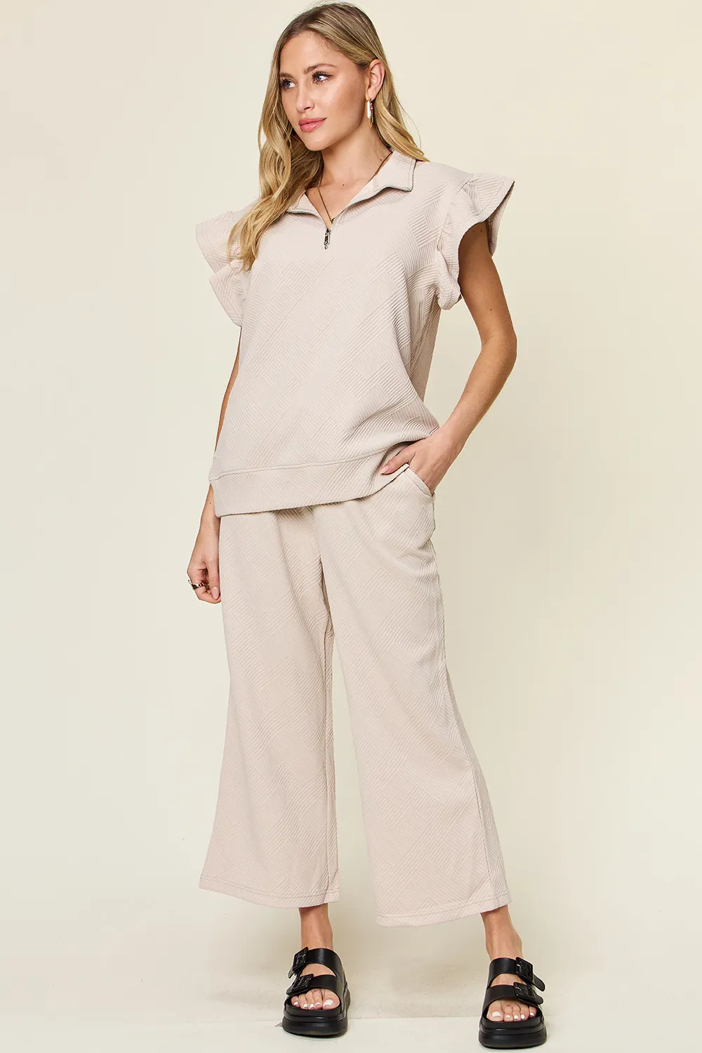 Texture Ruffle Short Sleeve Top and Drawstring Wide Leg Pants Set, image 25