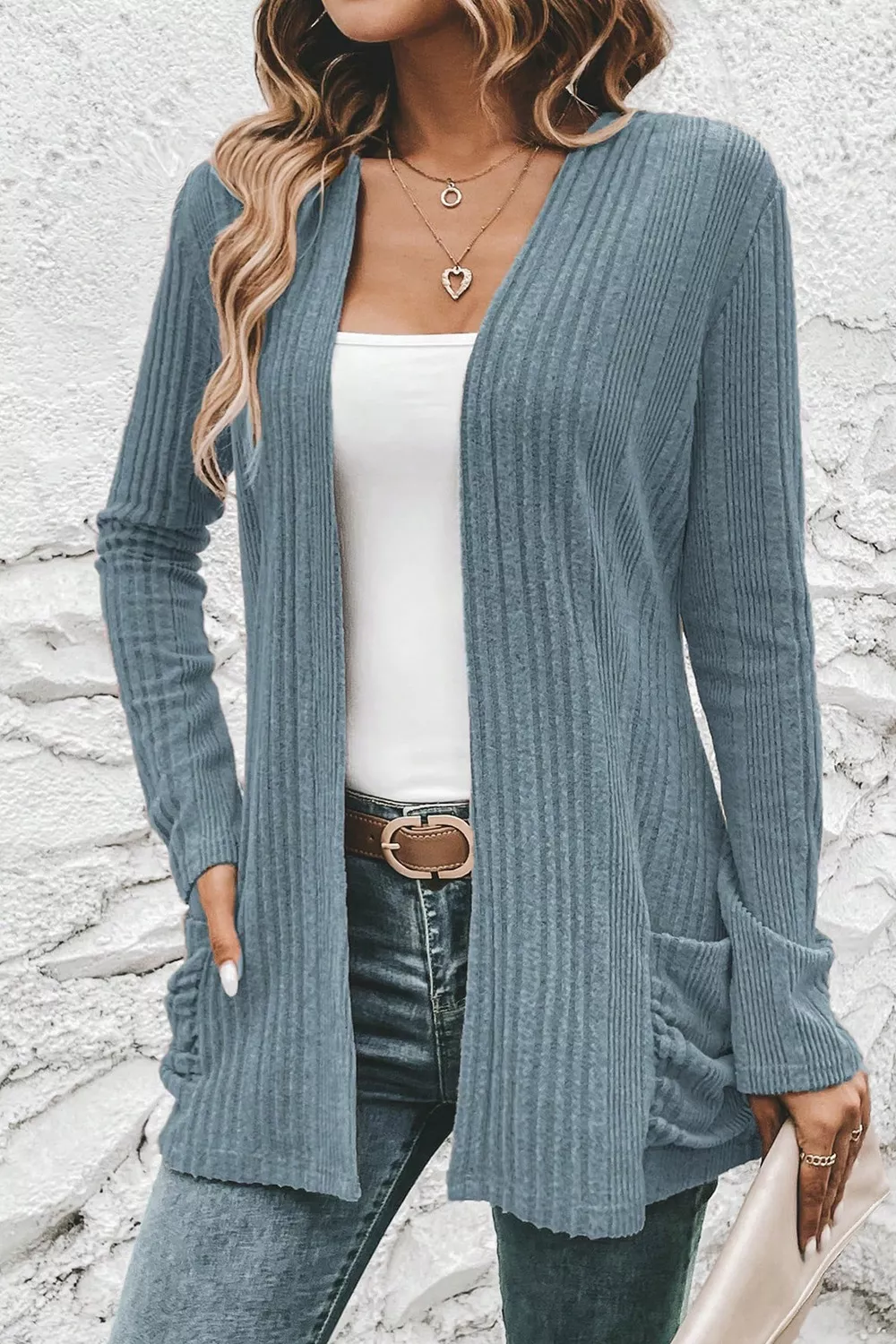 Ribbed Knit Open Front Cardigan with Pockets, image 8