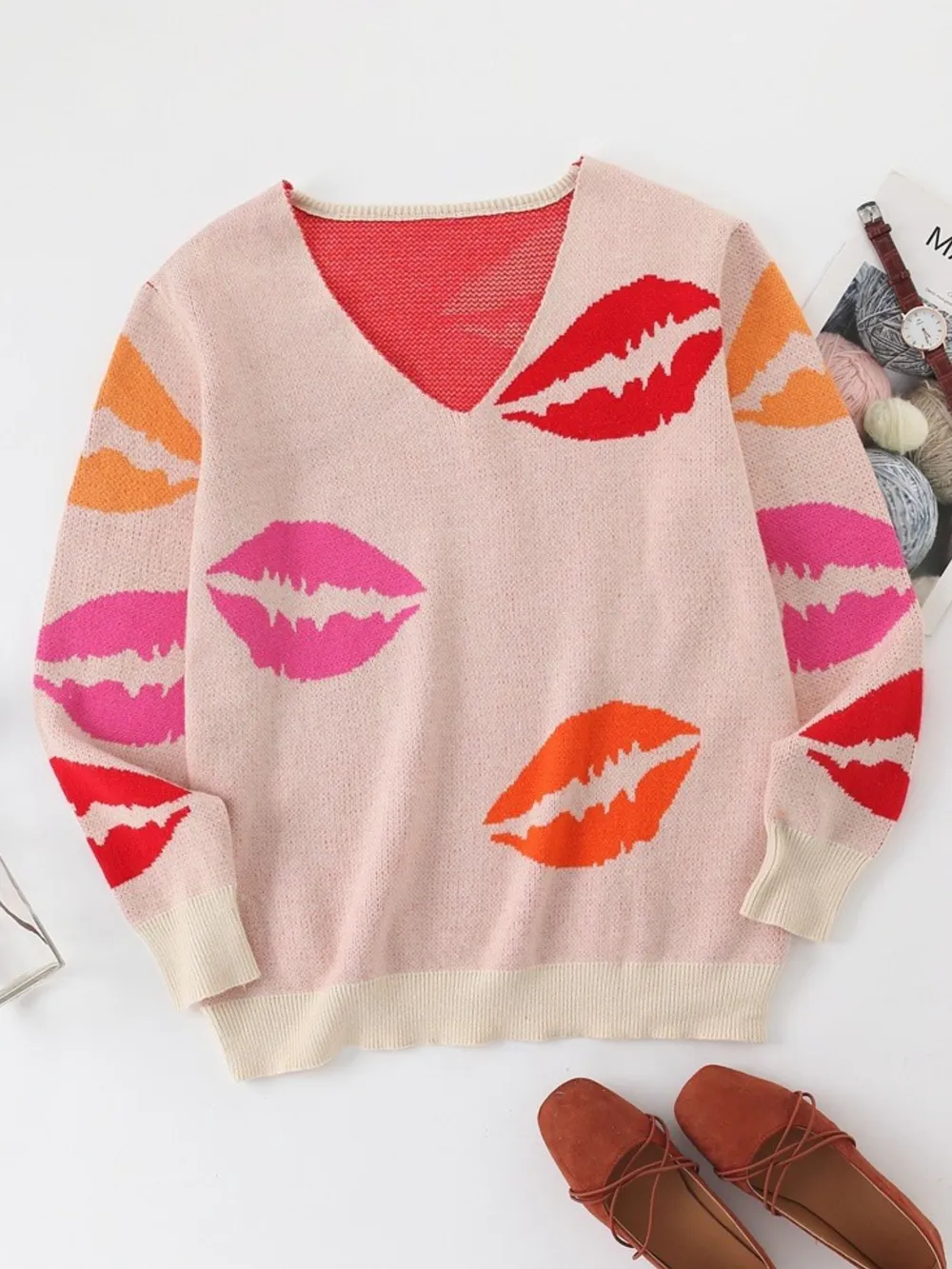 Colorful Lips V-Neck Sweater, image 4