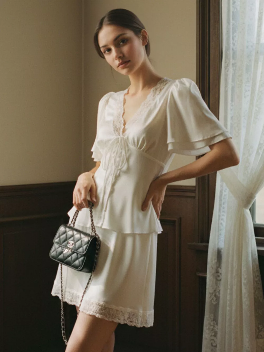 Lace Detail Short Sleeve Top and Skirt Set, image 2
