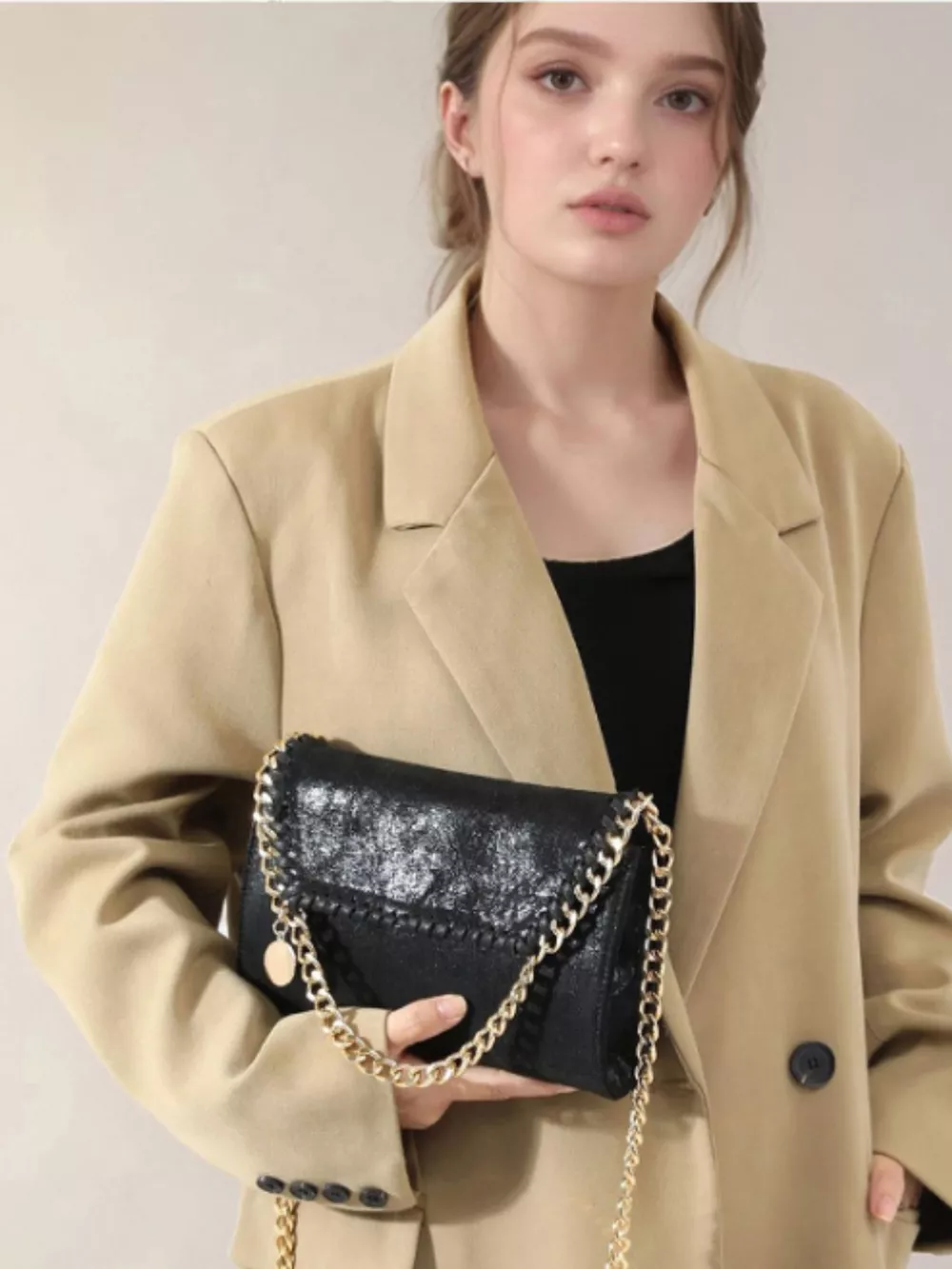 Matte PU Leather Textured Chain-Strap Shoulder Bag, image 4