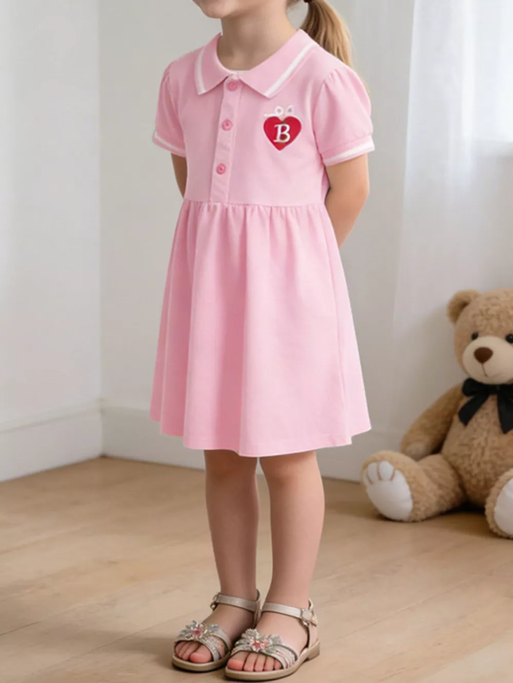 Children's Polo Collar Embroidered Heart Dress