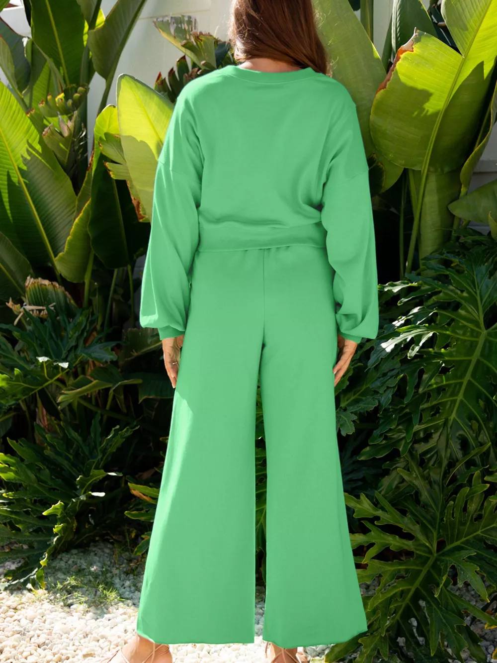 Drop Shoulder Puff Sleeve Crop Top and Drawstring Wide Leg Pants Set, image 6