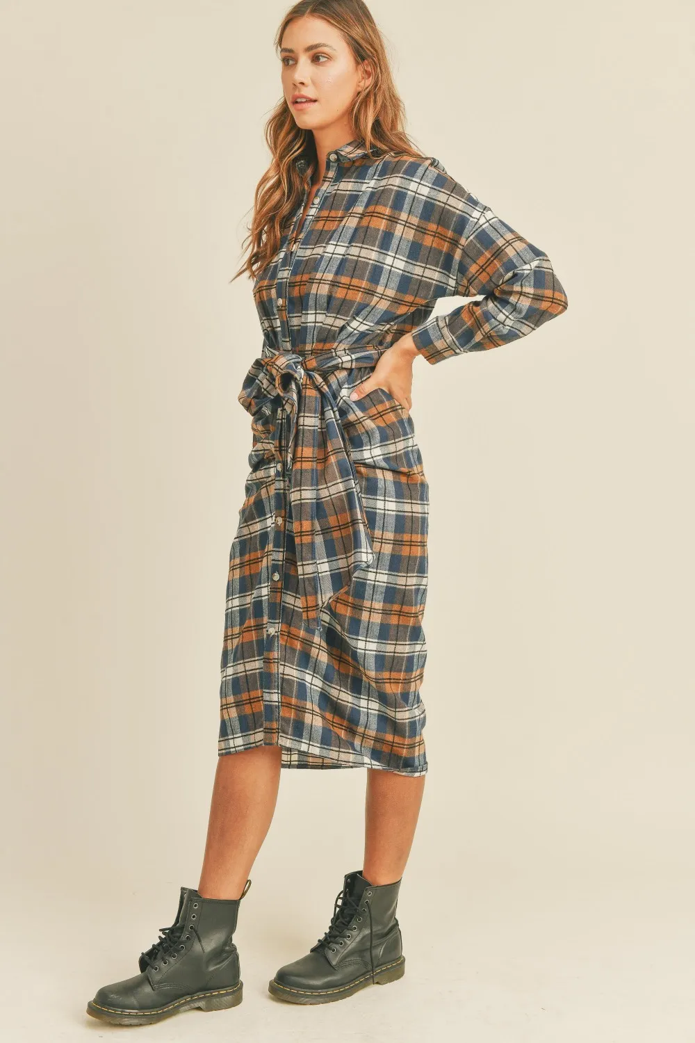 Plaid Flannel Front Tie Button Down Shirt Dress, image 3