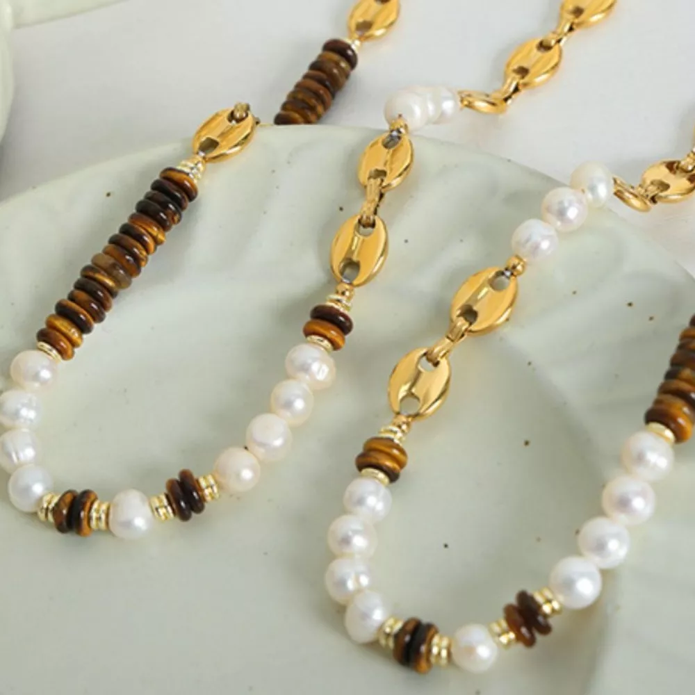 Tiger's Eye Freshwater Pearl 18K Gold-Plated Bead Necklace, image 8