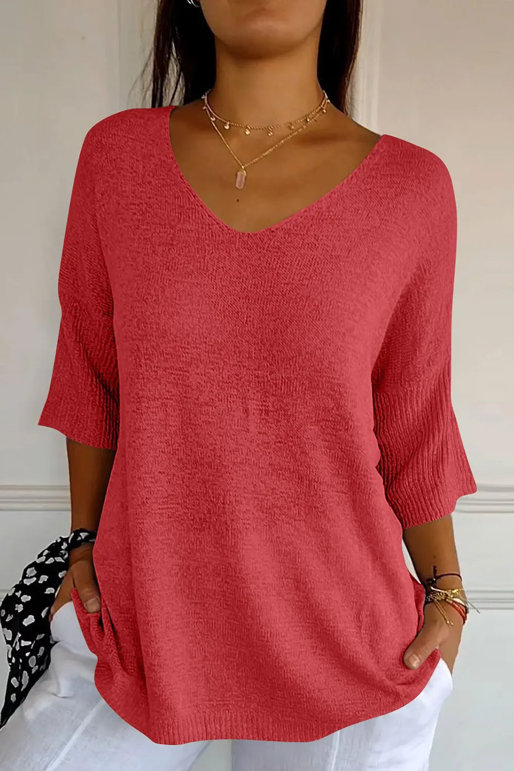 V-Neck Three-Quarter Sleeve Knit Top, image 10