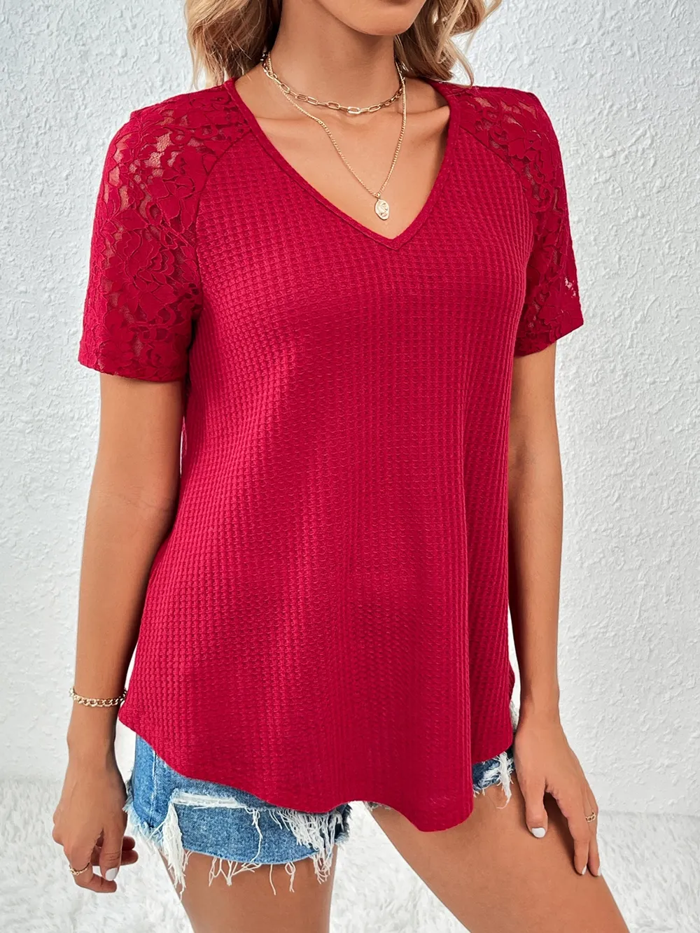 Lace Detail V-Neck Short Sleeve T-Shirt, image 7