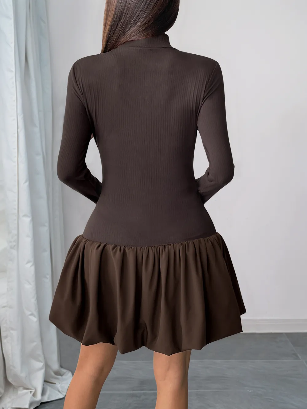Mock Neck Long Sleeve Bubble Hem Dress, image 5