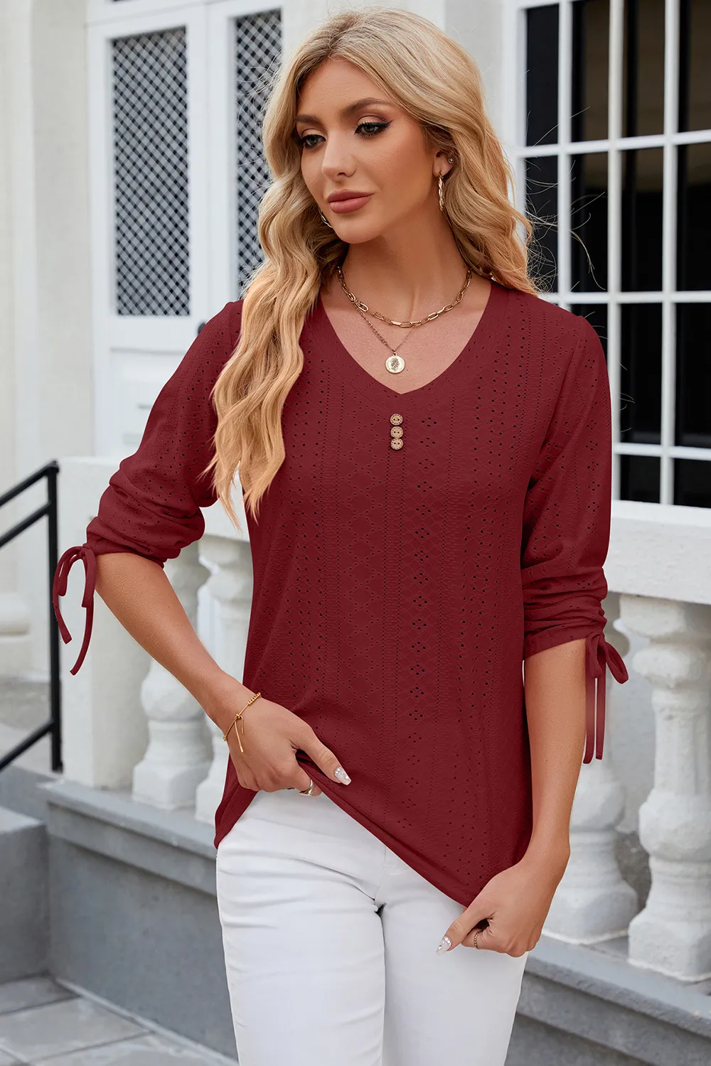 Eyelet Drawstring V-Neck Half Sleeve T-Shirt, image 25