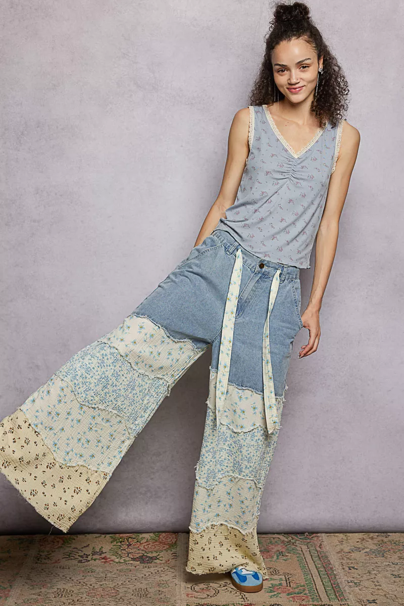 Ruched Floral V-Neck Tank with Lace Detail, image 7