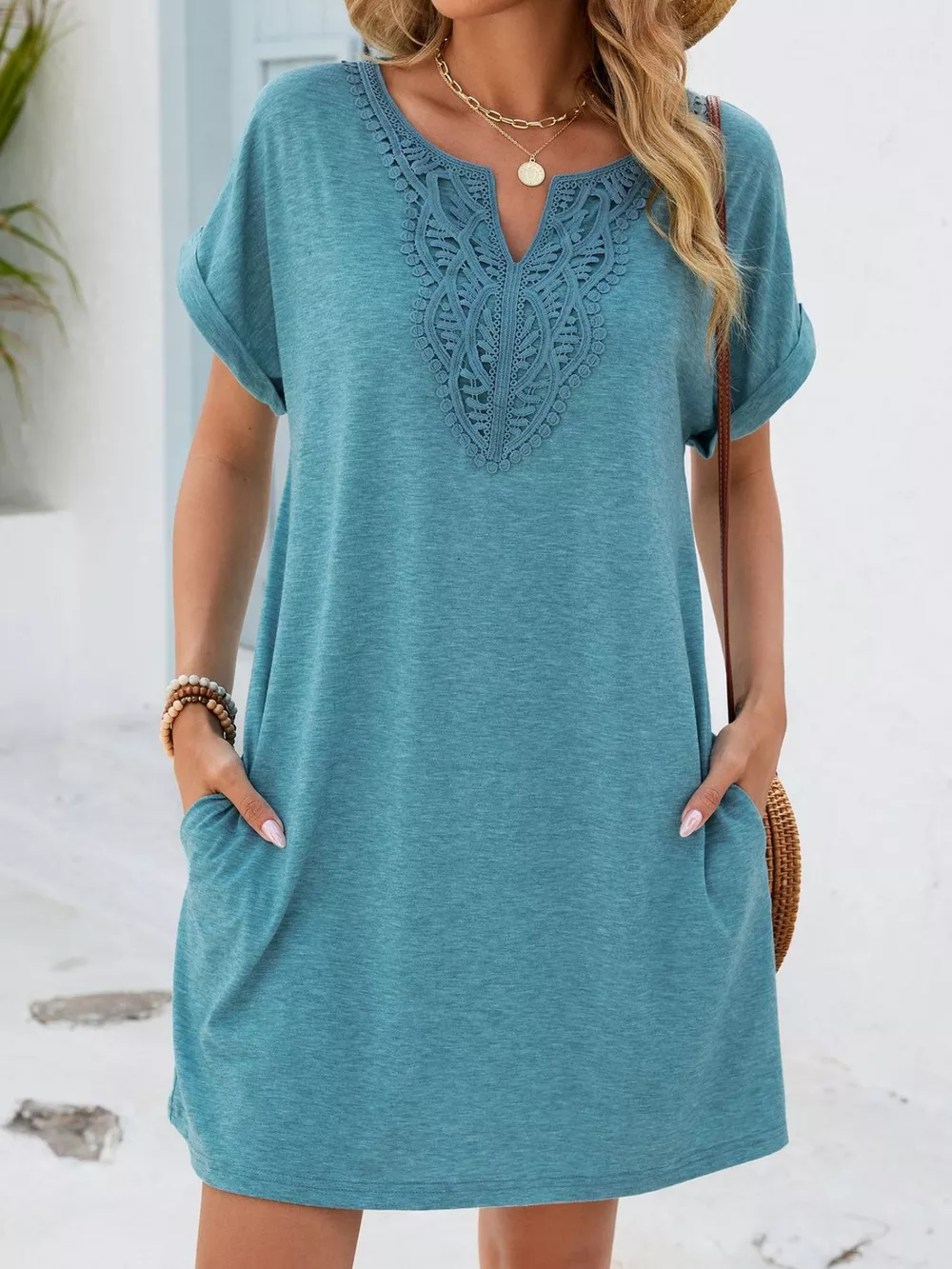 Lace Trim Notched Short Sleeve Dress, image 9