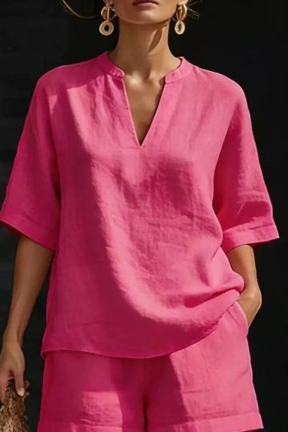 Notched Half Sleeve Top and Shorts Set, image 3