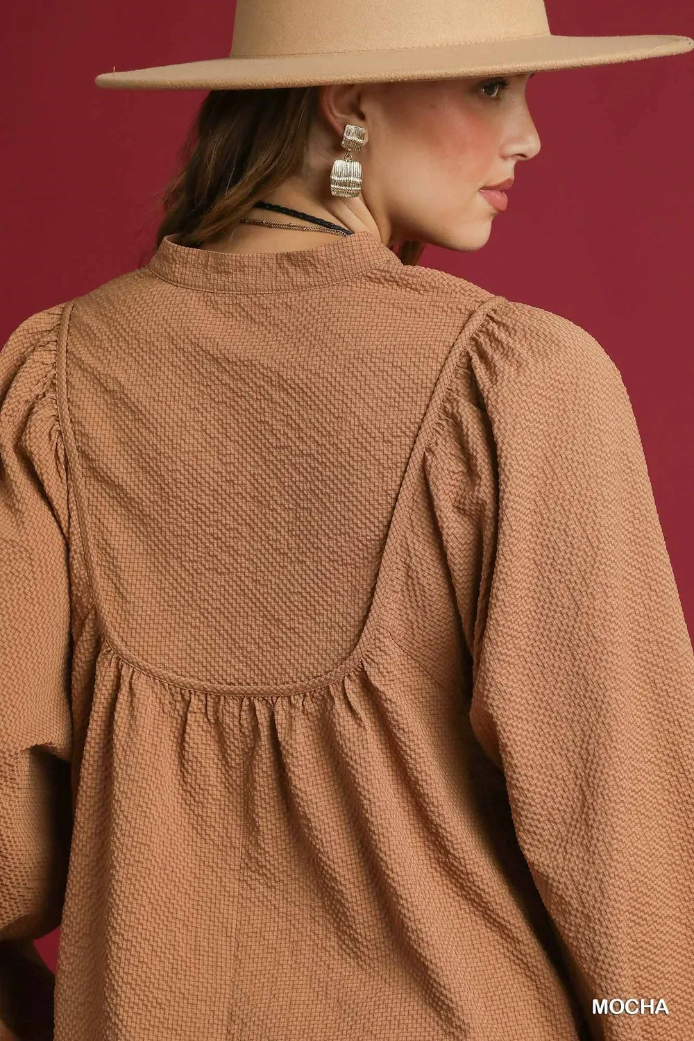 Textured Notched Blouse with Balloon Sleeves, image 3