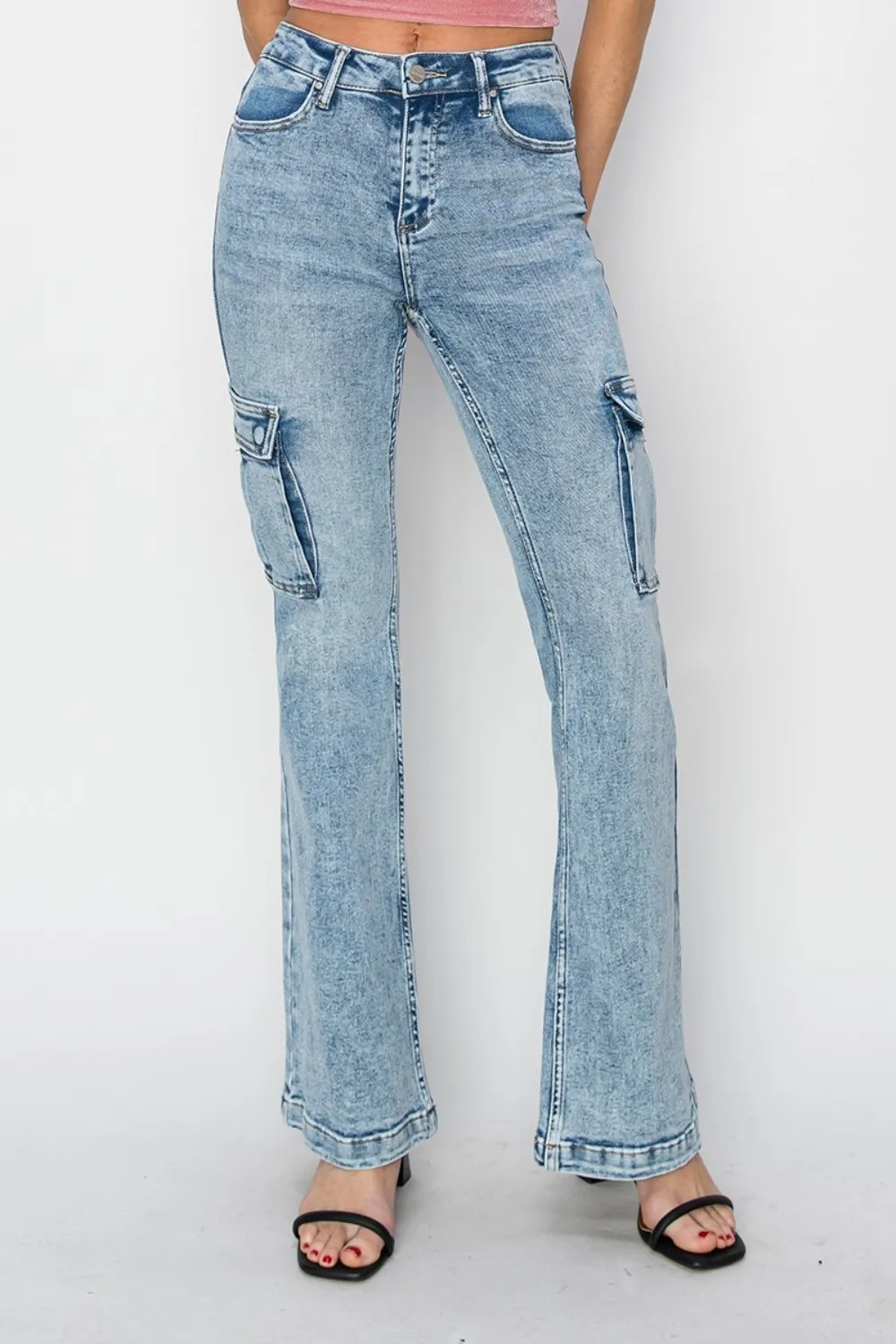 Full Size High Rise Cargo Flare Jeans, image 6