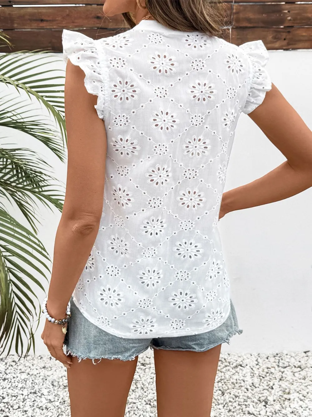 Eyelet Notched Ruffled Cap Sleeve Blouse, image 5