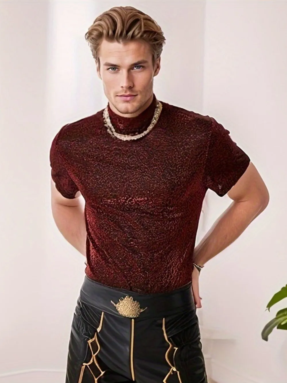 Men's Full Size Glitter Mock Neck Short Sleeve Top Plus Size