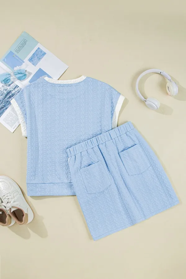 Contrast Trim Textured Crewneck Tee and Pocketed Skirt Set, image 8