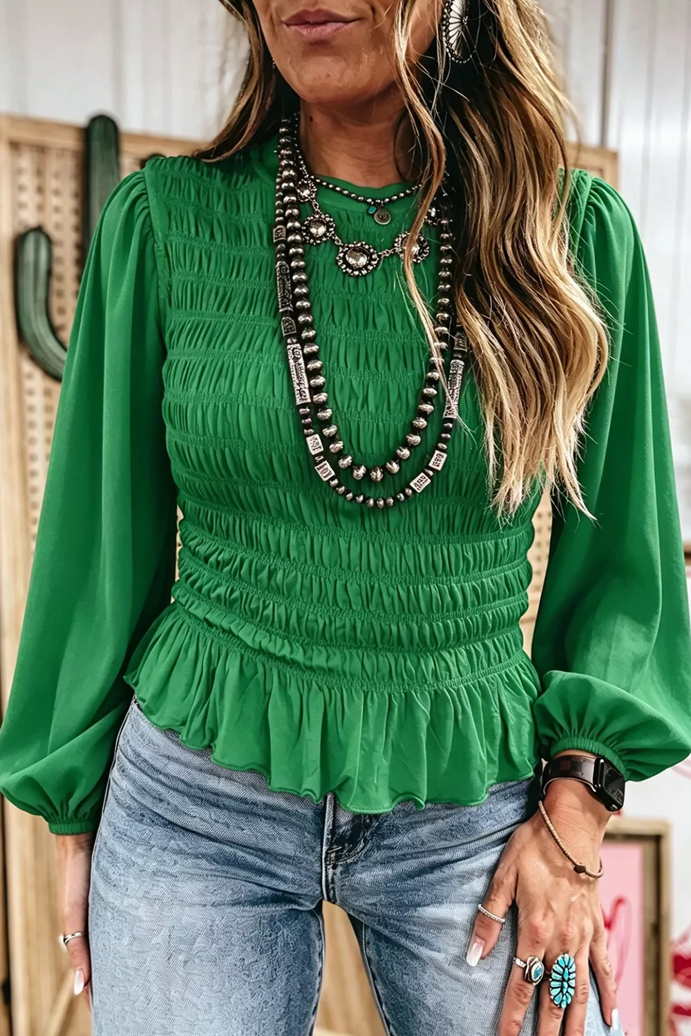 Smocked Balloon Sleeves Peplum Blouse, image 6