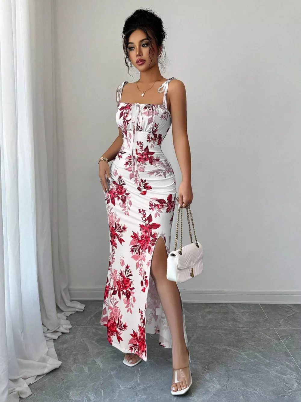 Printed Tie Strap Slit Maxi Dress, image 18