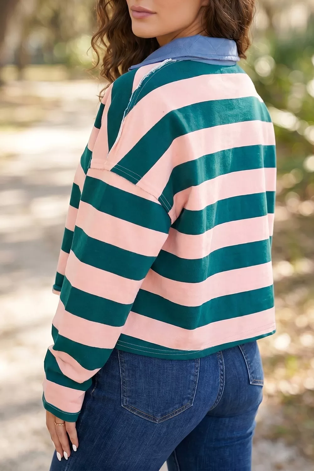 Stripe Quarter-Zip Metal Zipper Cover Stitch Hem Top, image 3