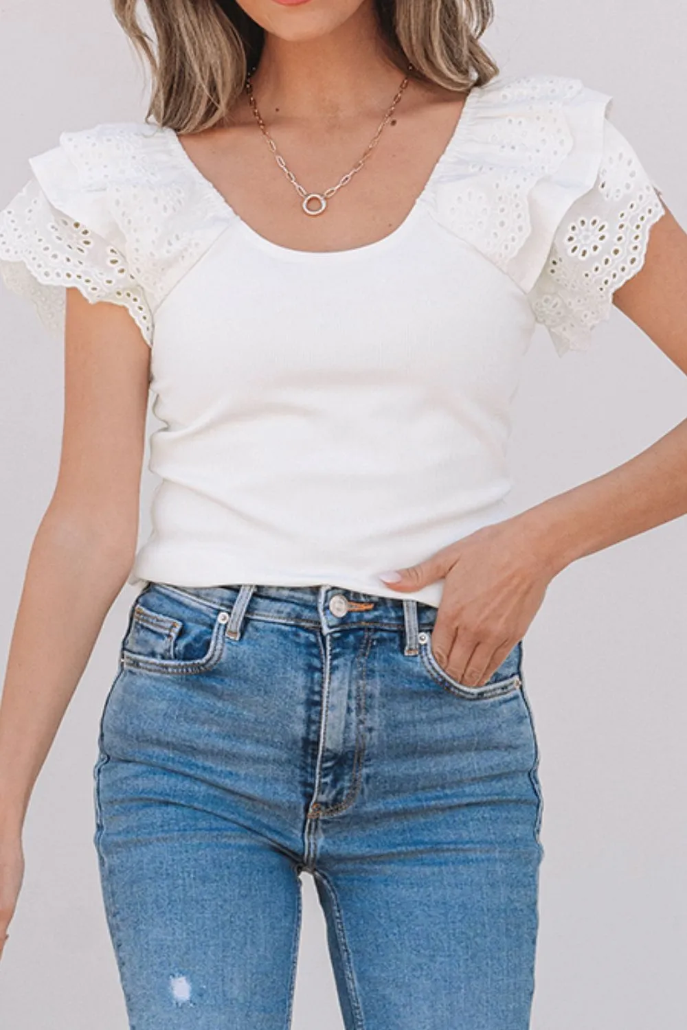 Eyelet Ruffle Sleeve Slim Top, image 6