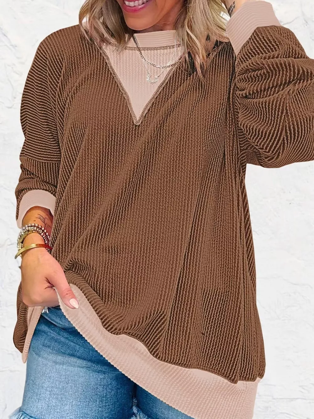 Two-Tone Ribbed Knit Sweatshirt, image 14