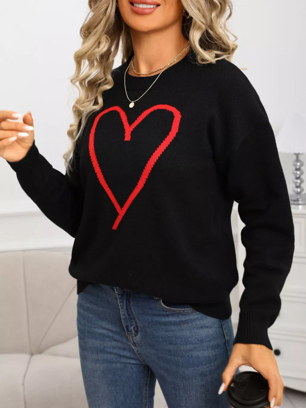 Valentine's Day Heart Graphic Dropped Shoulder Sweater, image 14
