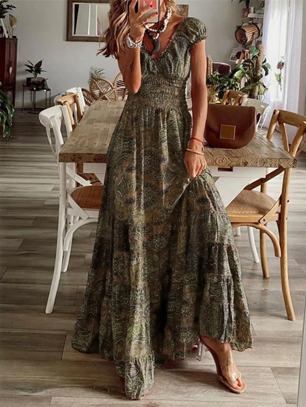 Full Size Smocked Printed V-Neck Short Sleeve Dress, image 12