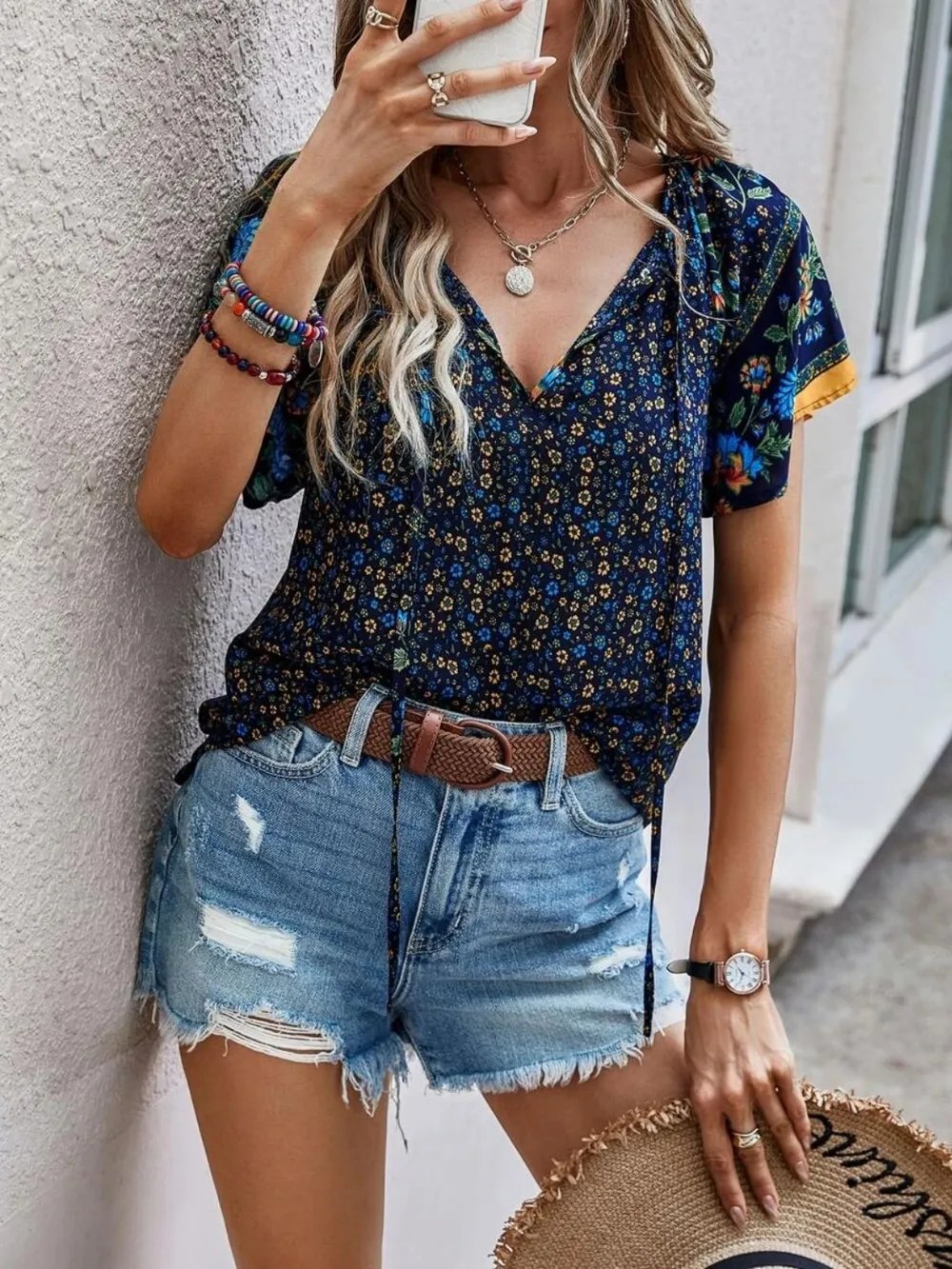 Printed Tie Neck Short Sleeve Blouse, image 10
