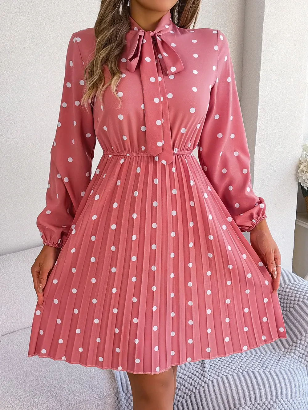 Polka Dot Tie Neck Pleated Dress, image 4
