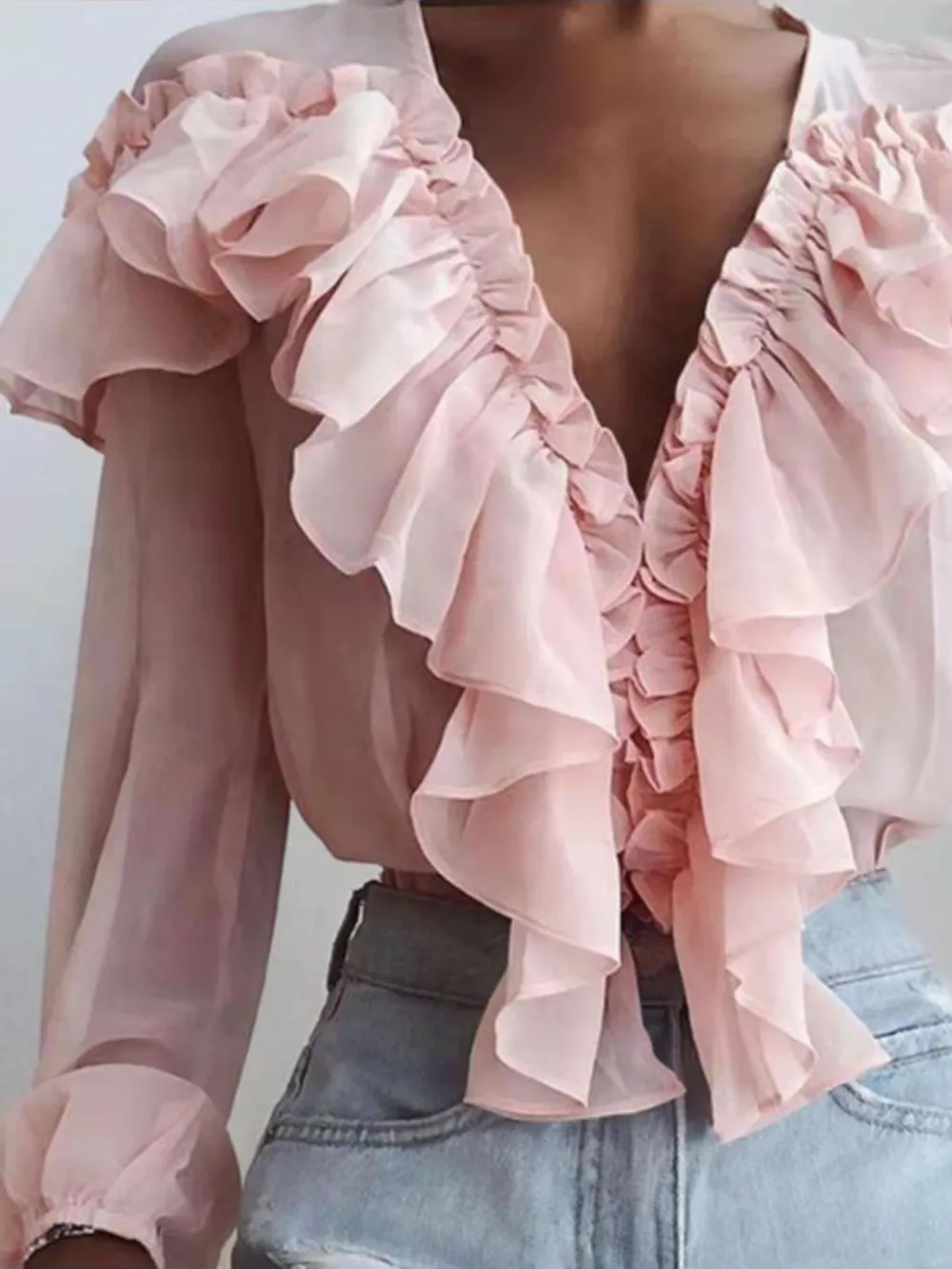 Ruffled V-Neck Long Sleeve Blouse, image 5