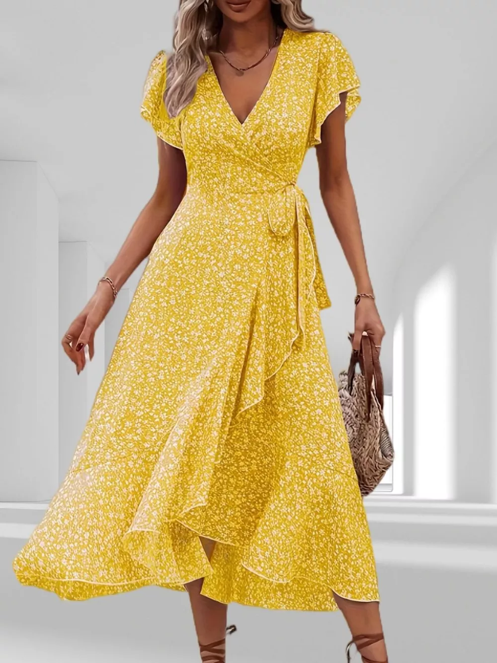 Floral Print Ruffle Hem Wrap Midi Dress, image 5