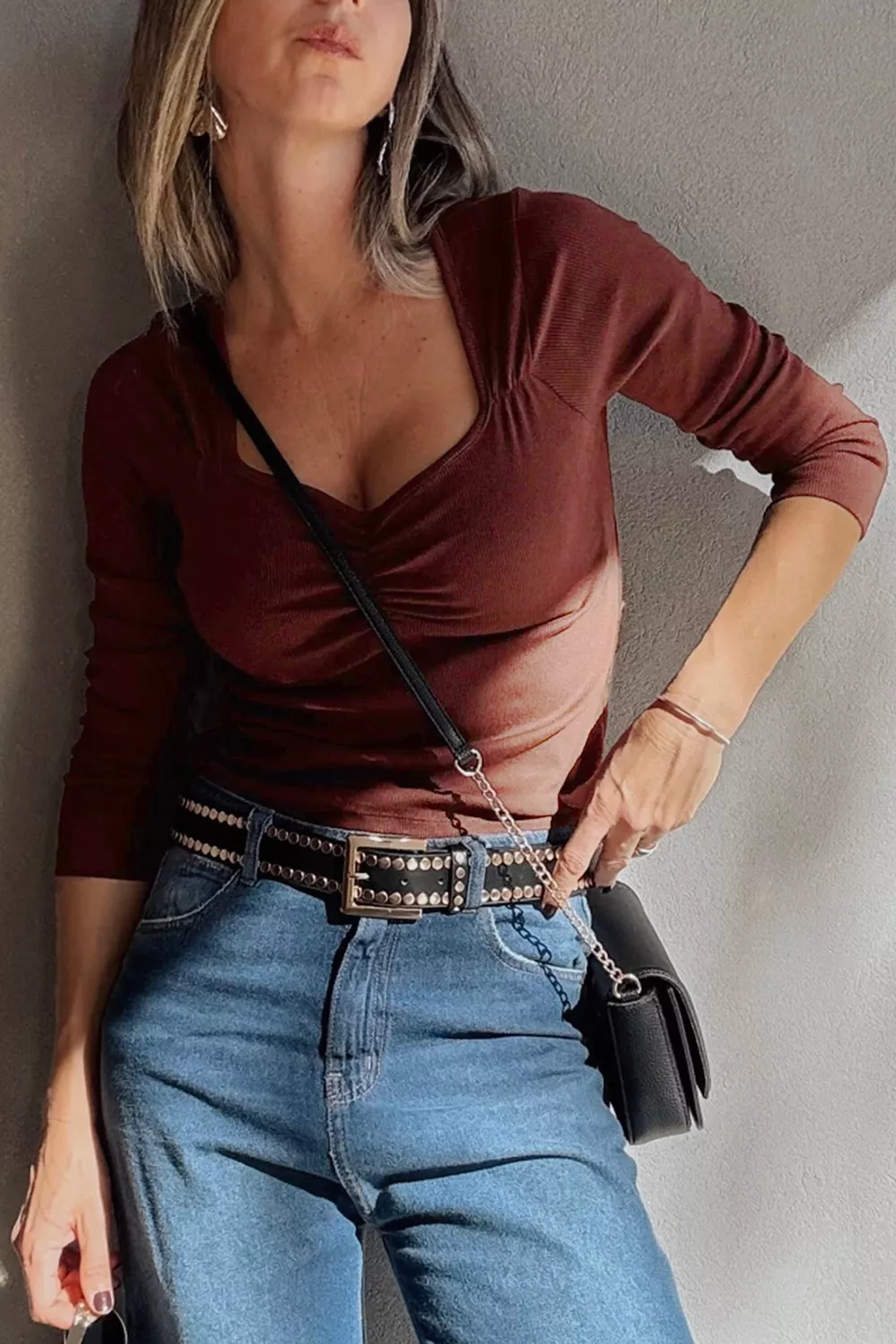 Gathered Bust Square Neck Ribbed Fit Long Sleeve Top, image 2