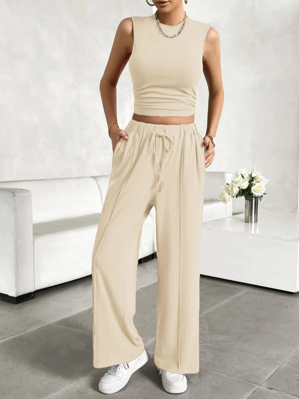 Mock Neck Sleeveless Top and Drawstring Pants Set, image 16