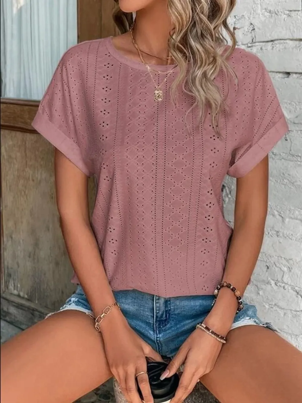 Eyelet Round Neck Short Sleeve T-Shirt, image 17