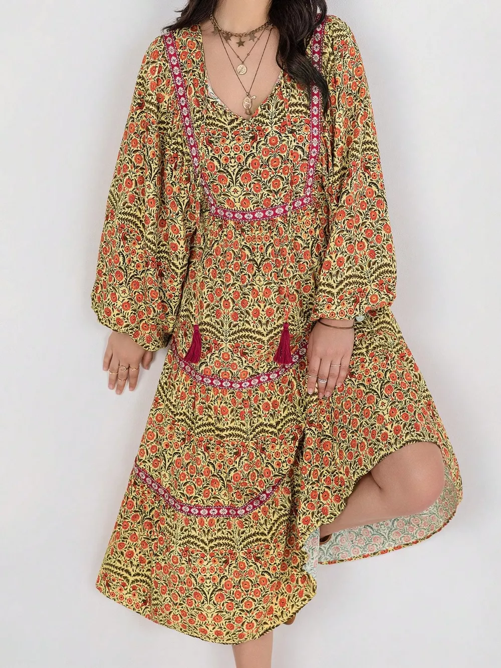 Floral Tiered Midi Dress with Balloon Sleeves, image 4