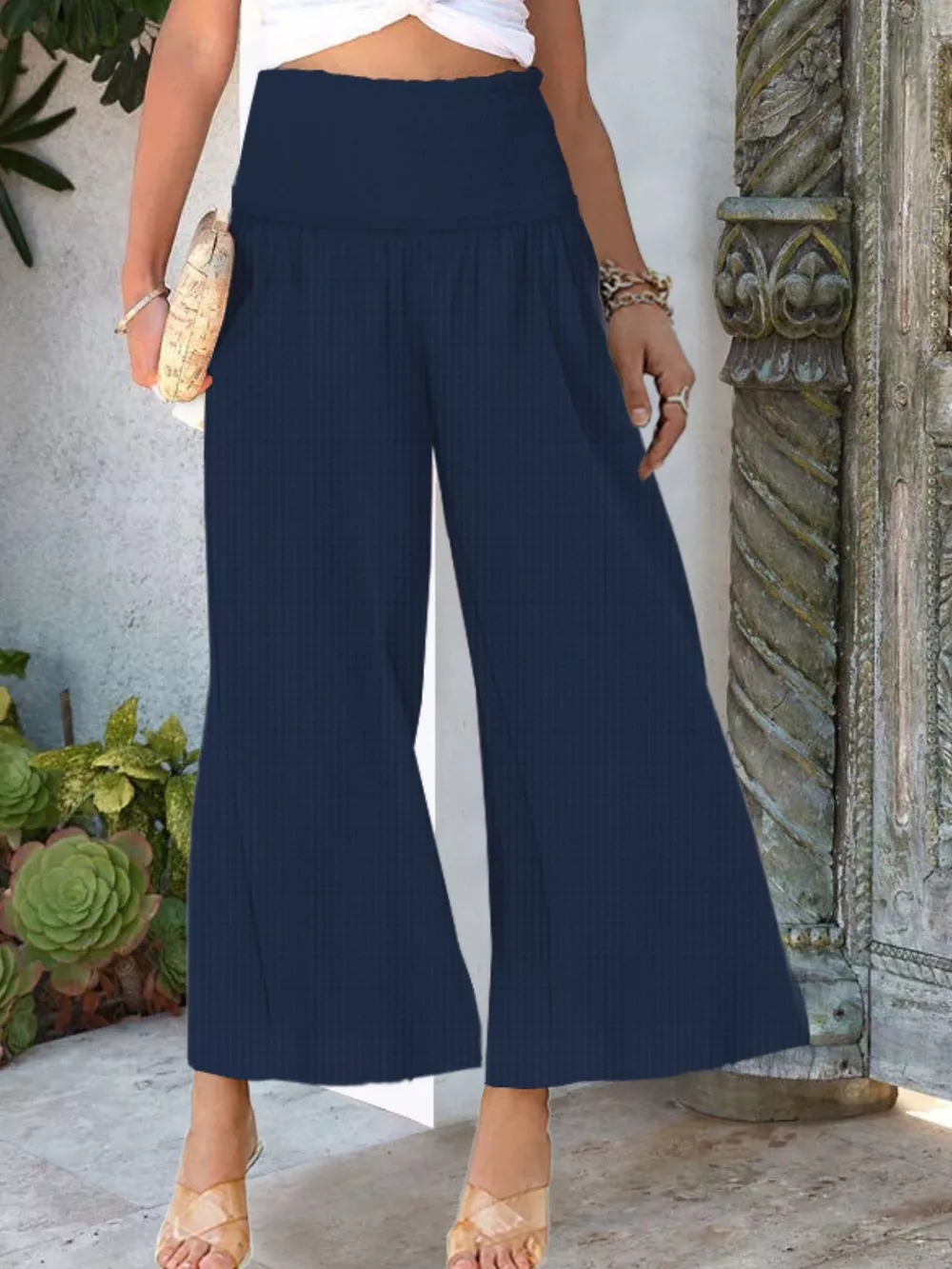 Wide-Leg Smocked Waist Pants, image 20
