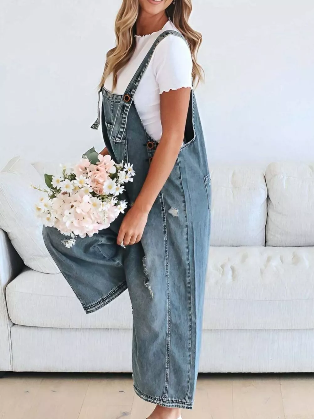 Distressed Wide Leg Denim Overalls, image 12