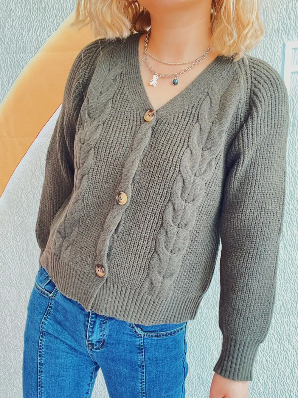 Cable-Knit V-Neck Button Down Long Sleeve Cardigan, image 10
