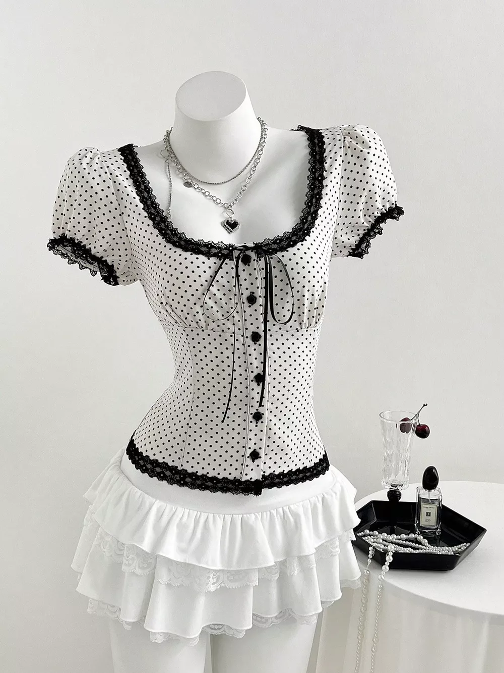 Polka Dot Lace Trim Puff Sleeve Top
