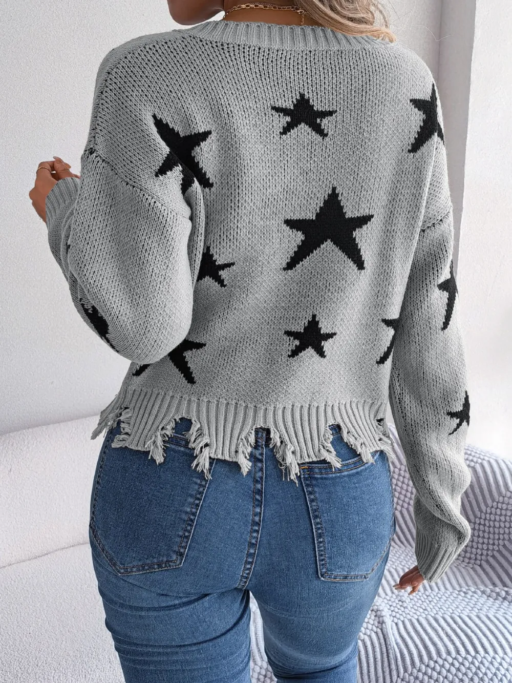 Star Pattern Distressed V-Neck Cropped Sweater, image 12