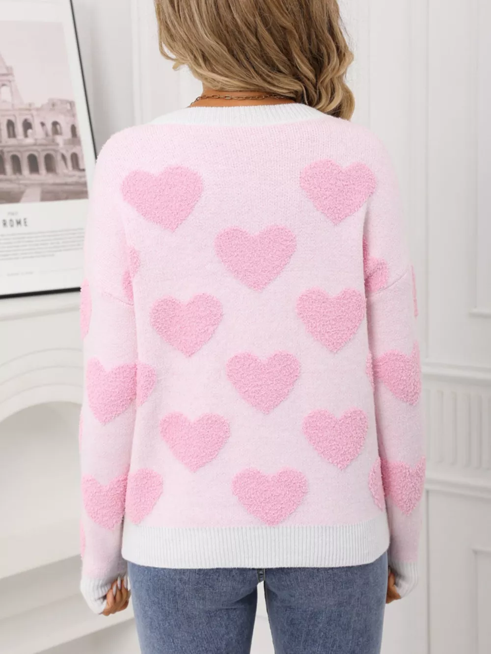 Valentine's Day Heart Pattern Round Neck Sweater, image 7