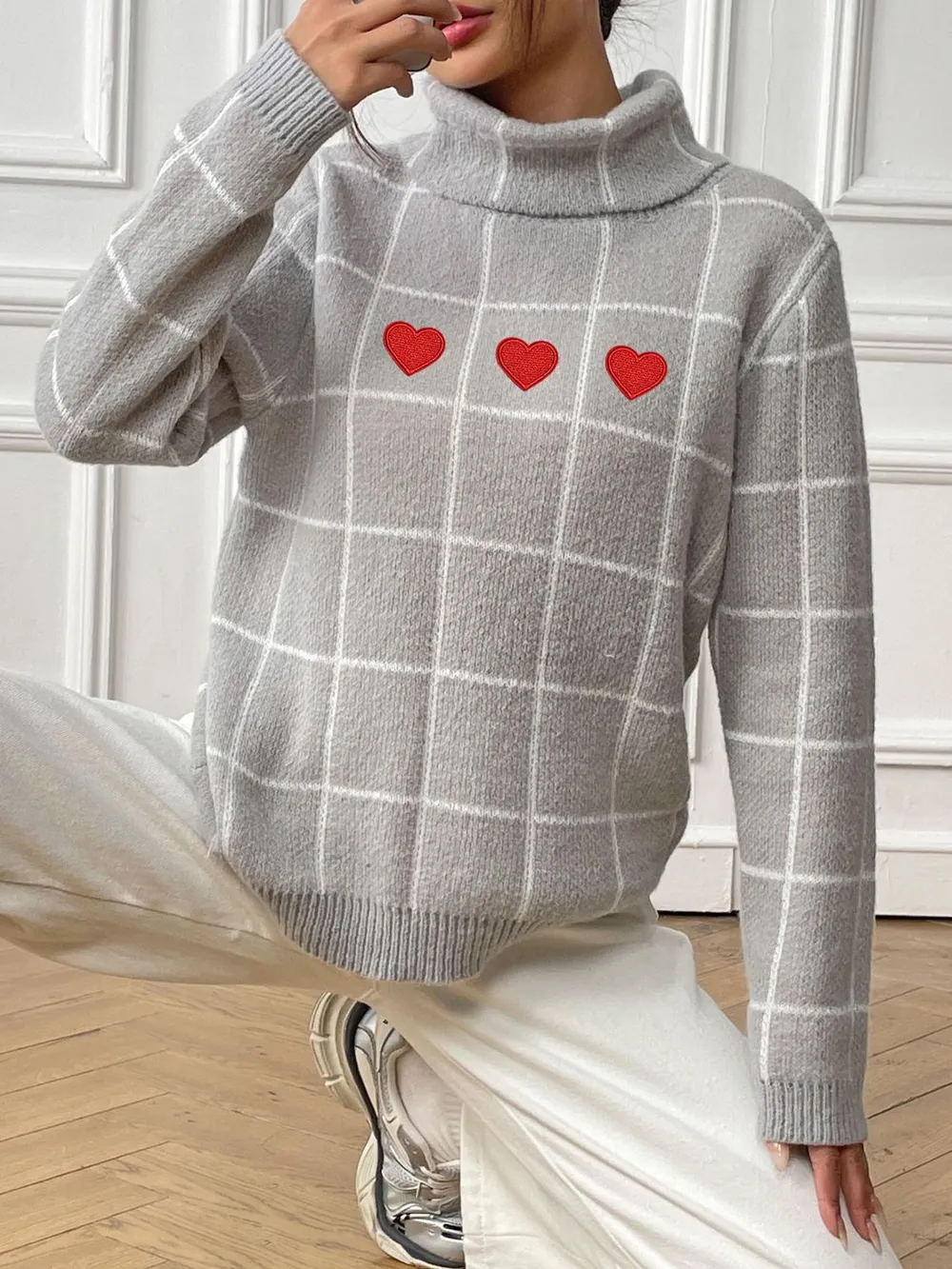 Heart Plaid Turtleneck Long Sleeve Sweater, image 2