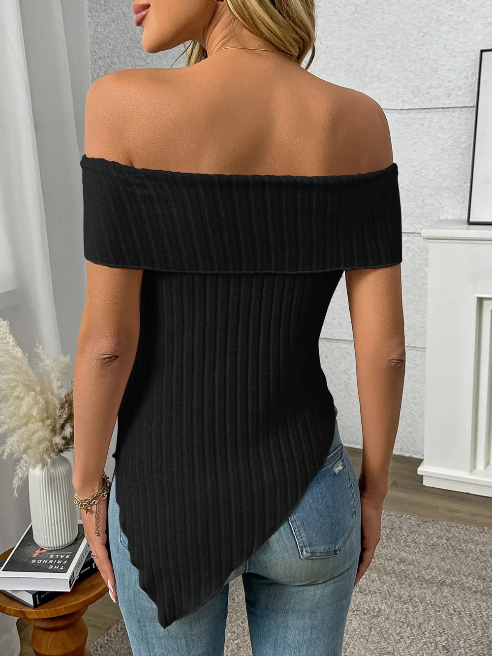 Ribbed Off-Shoulder Asymmetrical Hem T-Shirt, image 10