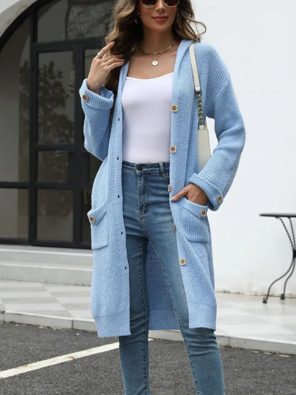 Pocketed Button Up Long Sleeve Hooded Cardigan, image 19