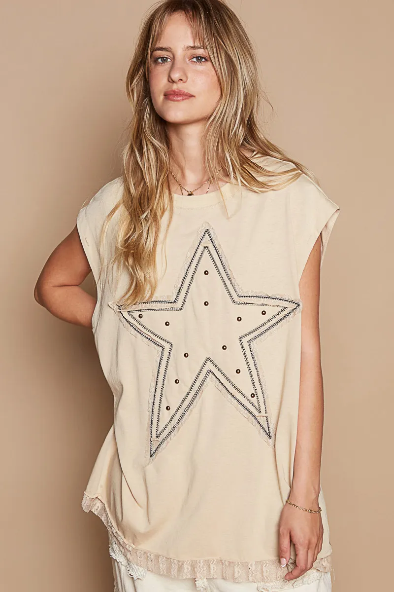Star Patch Studded Sleeveless T-Shirt with Lace Hem, image 2